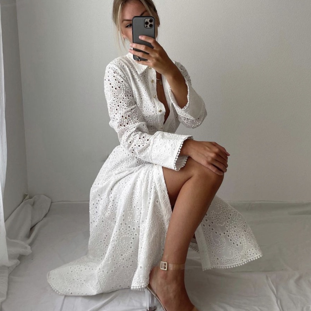 Zara Embroidered Shirt Dress White Midi